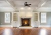 Custom Home - fireplace, custom cabinets, family room, coffered ceiling, mantel