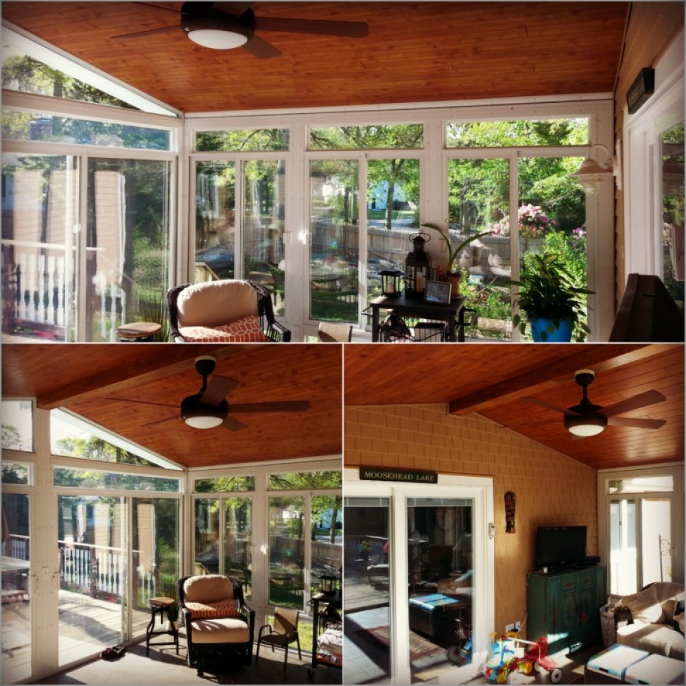 Photo By Care Free Homes Inc.. Betterliving 3 Season Sunroom With Rustic Pine Woodplank Ceiling